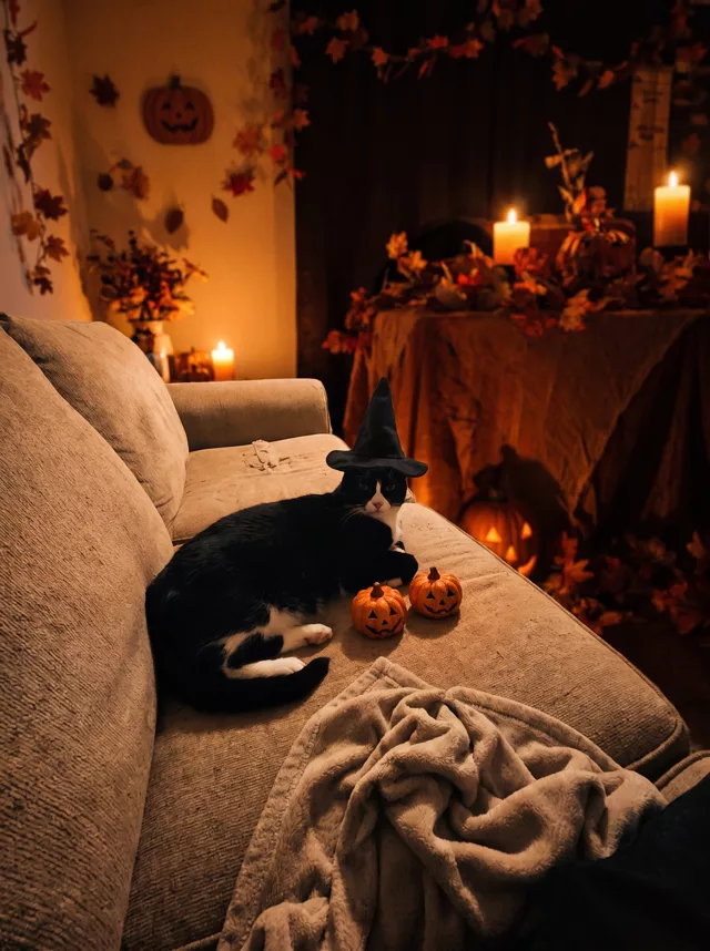 The result: a candlelit Halloween scene, with the cat's facial white spread further than the source