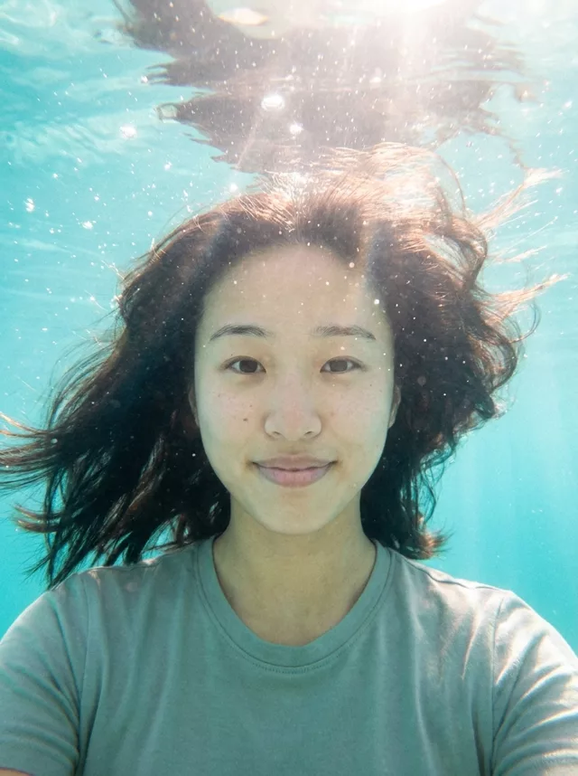 An underwater portrait in which the subject is still wearing the grey t-shirt from the source photo